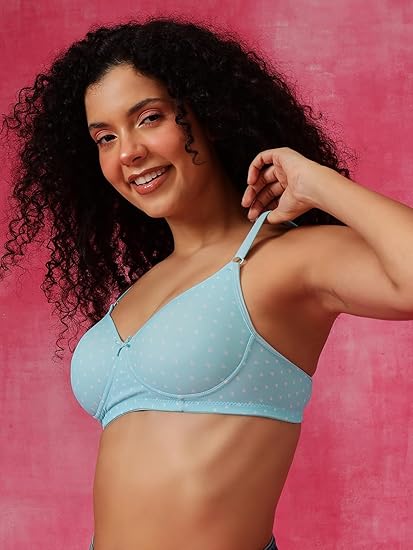 Clovia Women’s Blue Polyamide Printed T-Shirt Bra – Lightly Padded, Wire-Free, Full-Cup Support